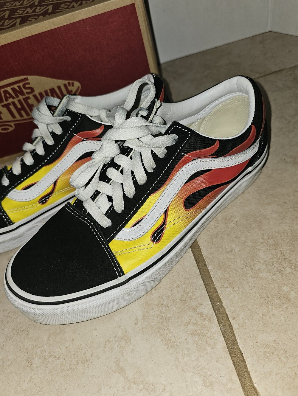 Vans Black Low-Top Sneakers with Red & Yellow Flame Print
